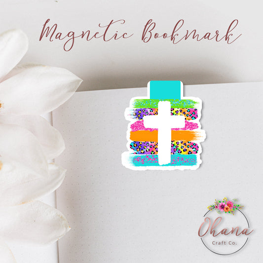 Rainbow Leopard Cross Glitter Magnetic Bookmark