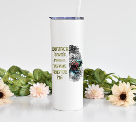 Be Alert Lion Scripture 20 oz Tumbler with Straw